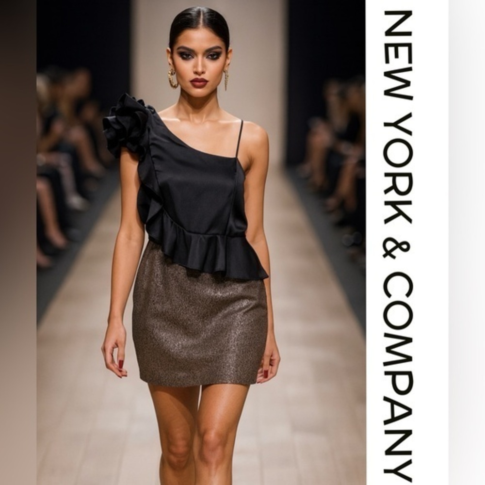 One-Shoulder Ruffle Sparkle Party Dress Black & Gold Metallic Mini Feminine